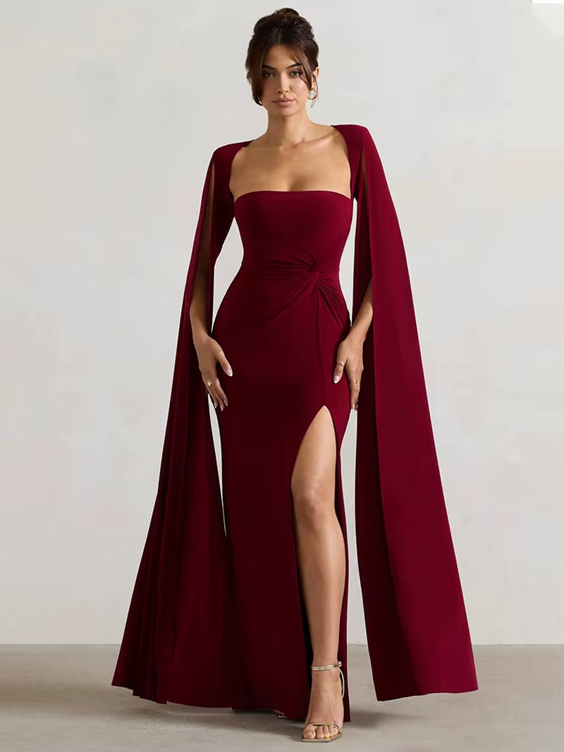 Abito Elegante da Sera con Spacco e Maniche a Mantella