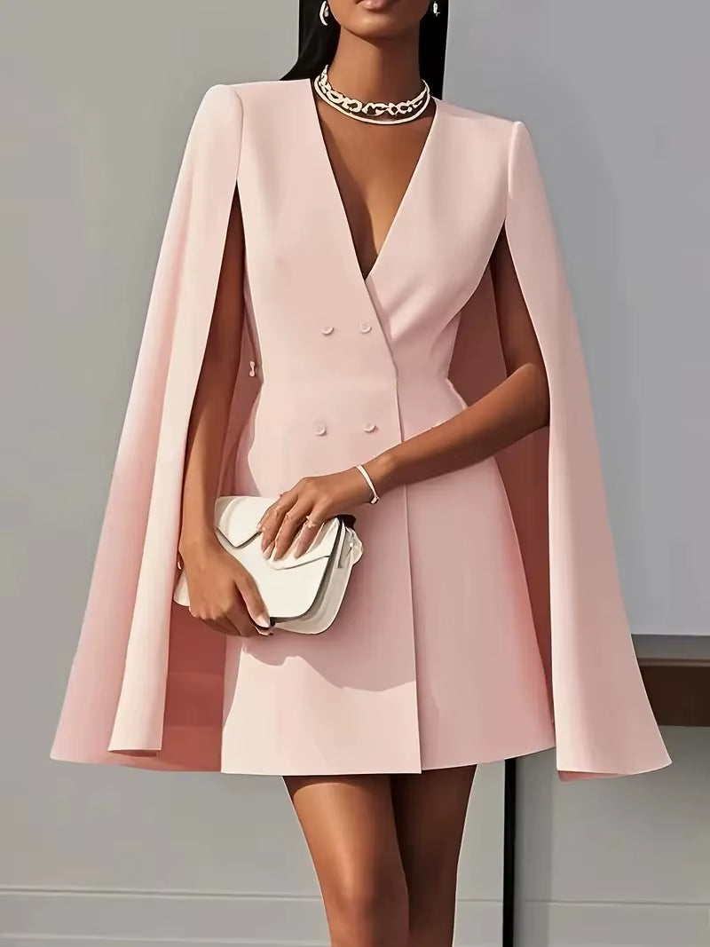 Blazer Elegante Doppiopetto con Maniche a Mantella e Scollo a V