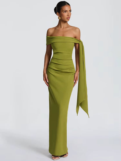 Abito Lungo da Donna – Off-Shoulder, Senza Spalline, Schiena Scoperta, Drappeggiato