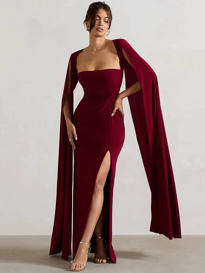 Abito Elegante da Sera con Spacco e Maniche a Mantella