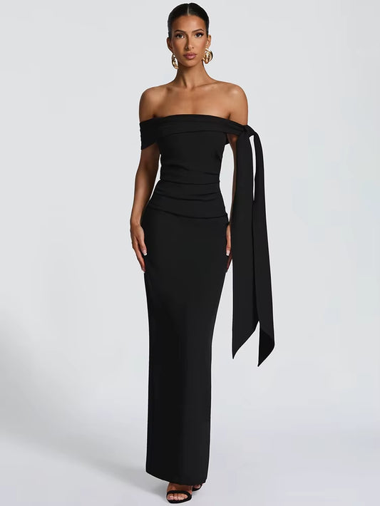 Abito Lungo da Donna – Off-Shoulder, Senza Spalline, Schiena Scoperta, Drappeggiato