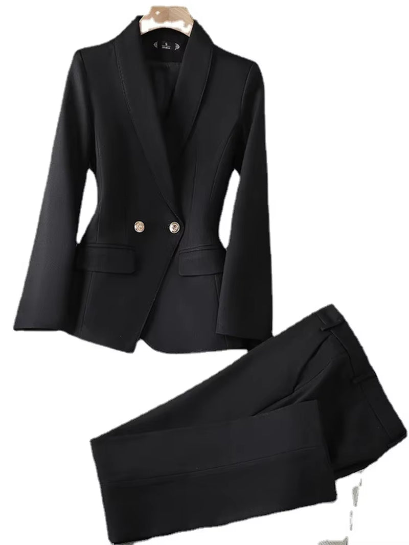 Office Ladies Two Piece Sets Womens Outifits 2023 Double Breasted Turn down Collar Blazers Solid Casual Pant Suits