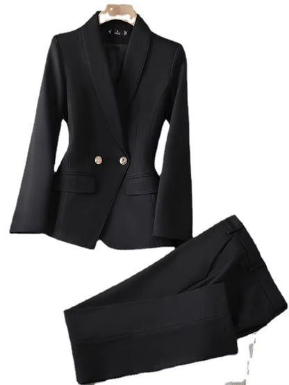 Office Ladies Two Piece Sets Womens Outifits 2023 Double Breasted Turn down Collar Blazers Solid Casual Pant Suits