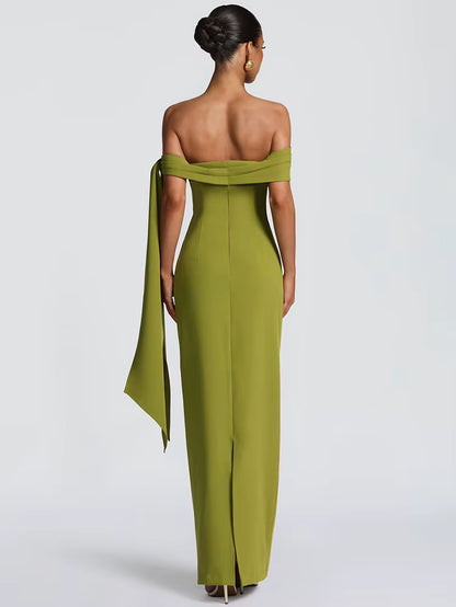 Abito Lungo da Donna – Off-Shoulder, Senza Spalline, Schiena Scoperta, Drappeggiato