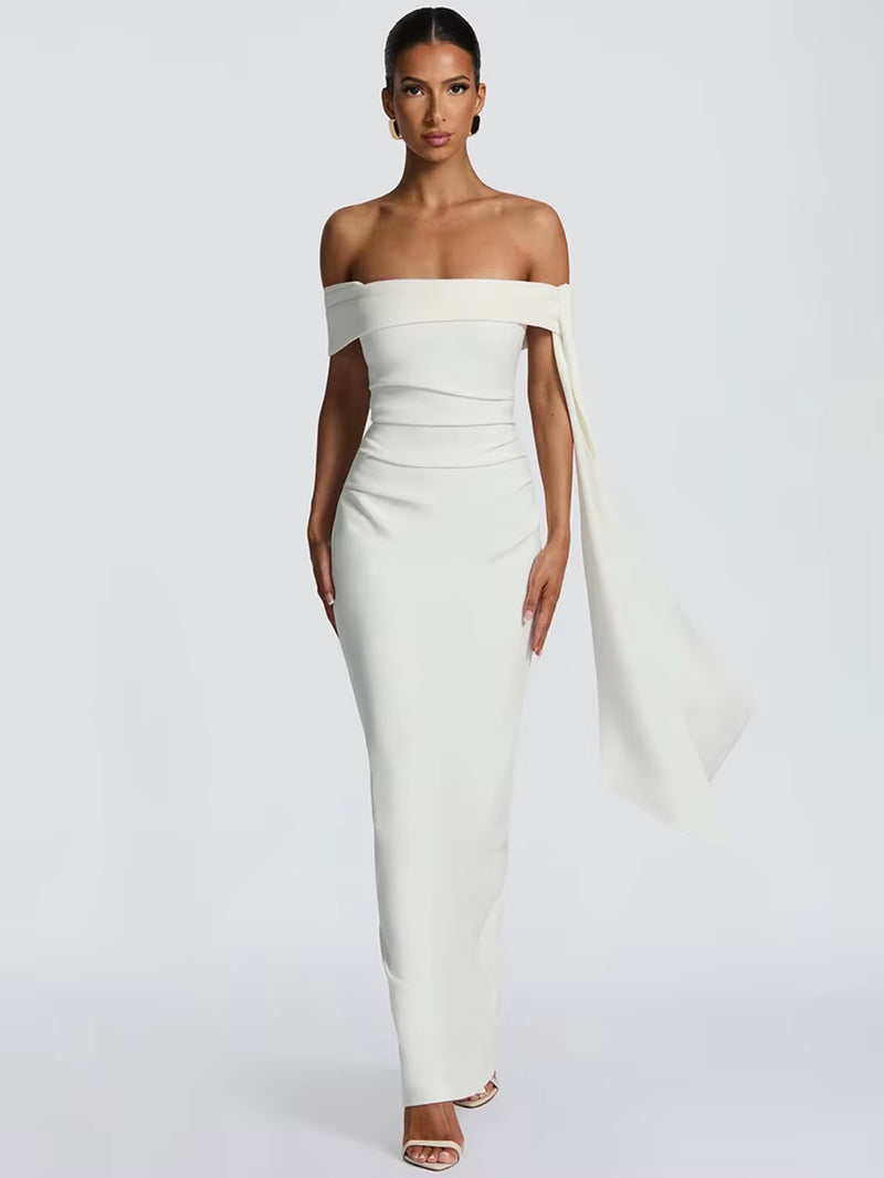 Abito Lungo da Donna – Off-Shoulder, Senza Spalline, Schiena Scoperta, Drappeggiato