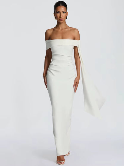 Abito Lungo da Donna – Off-Shoulder, Senza Spalline, Schiena Scoperta, Drappeggiato