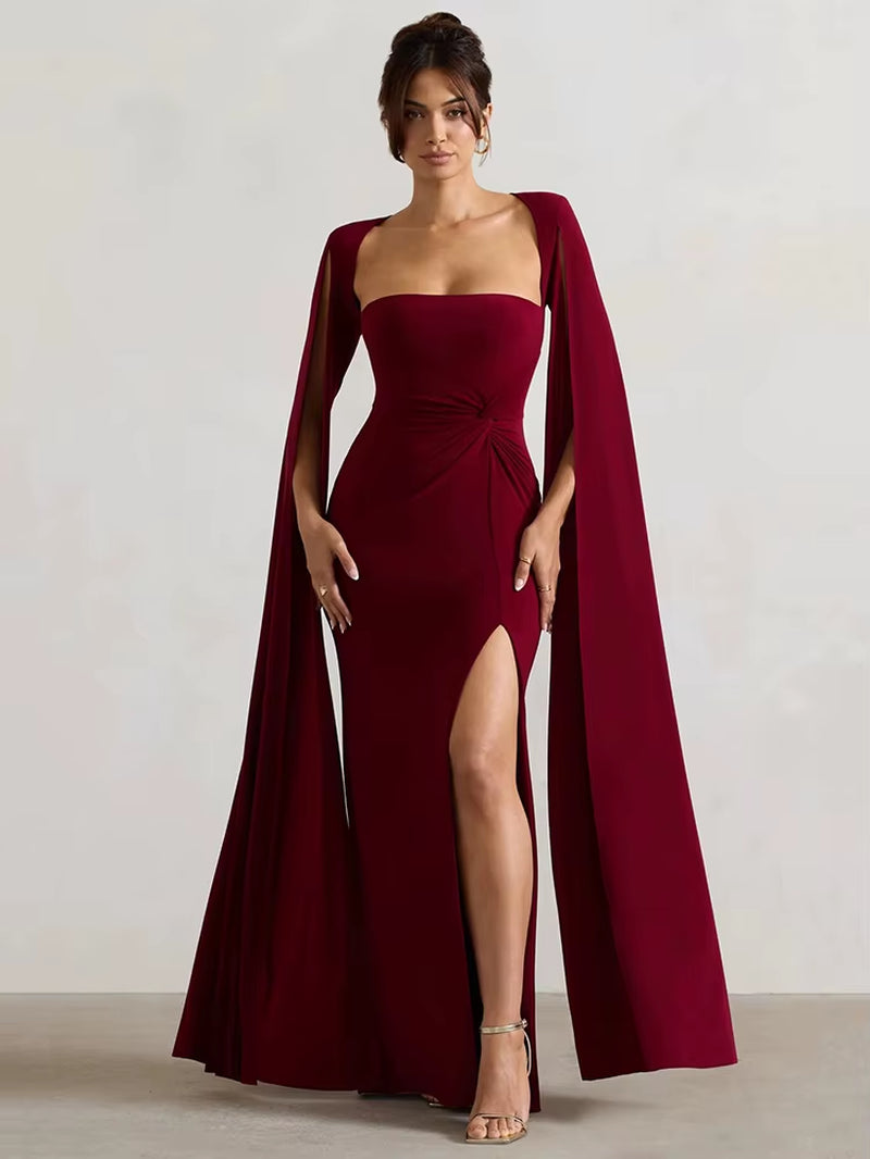 Abito Elegante da Sera con Spacco e Maniche a Mantella