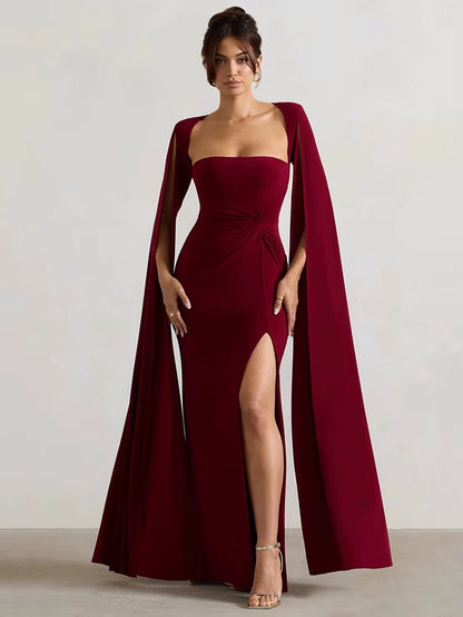 Abito Elegante da Sera con Spacco e Maniche a Mantella