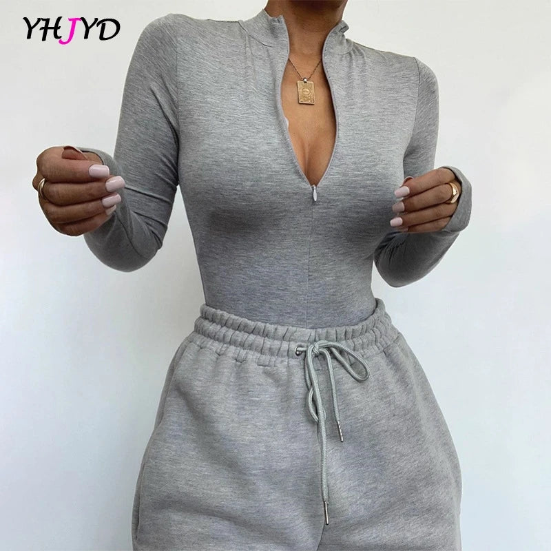 Women'S Sexy Bodysuit Long Sleeve Top 2021 Winter Warm Bodies for Women O-Neck Zip up Skinny Bodysuits Black Gray White Green