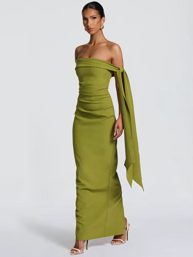Abito Lungo da Donna – Off-Shoulder, Senza Spalline, Schiena Scoperta, Drappeggiato