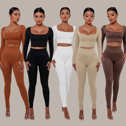 Classic Two-Piece Women's Fall Outfit: Low Neck Crop Top and Skinny Pencil Pants Matching Set 2022