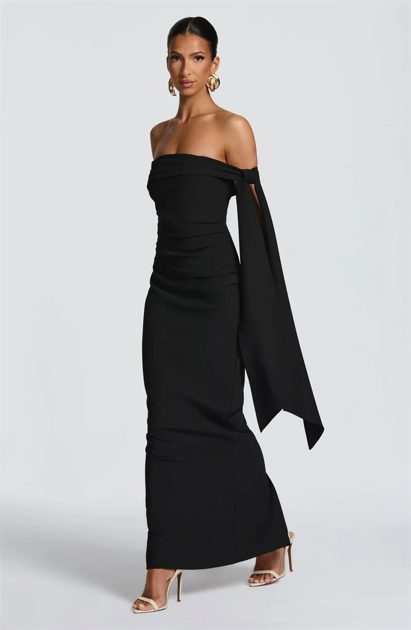 Abito Lungo da Donna – Off-Shoulder, Senza Spalline, Schiena Scoperta, Drappeggiato