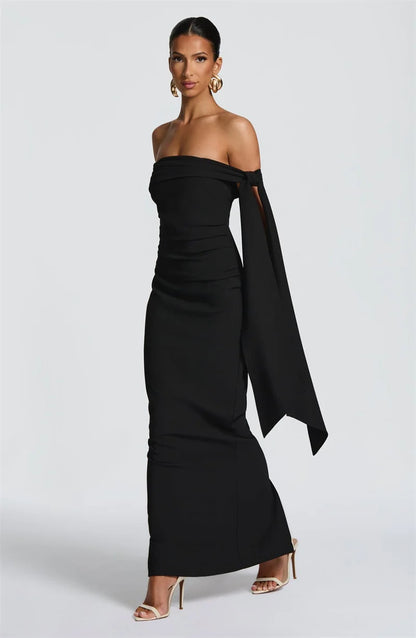Abito Lungo da Donna – Off-Shoulder, Senza Spalline, Schiena Scoperta, Drappeggiato