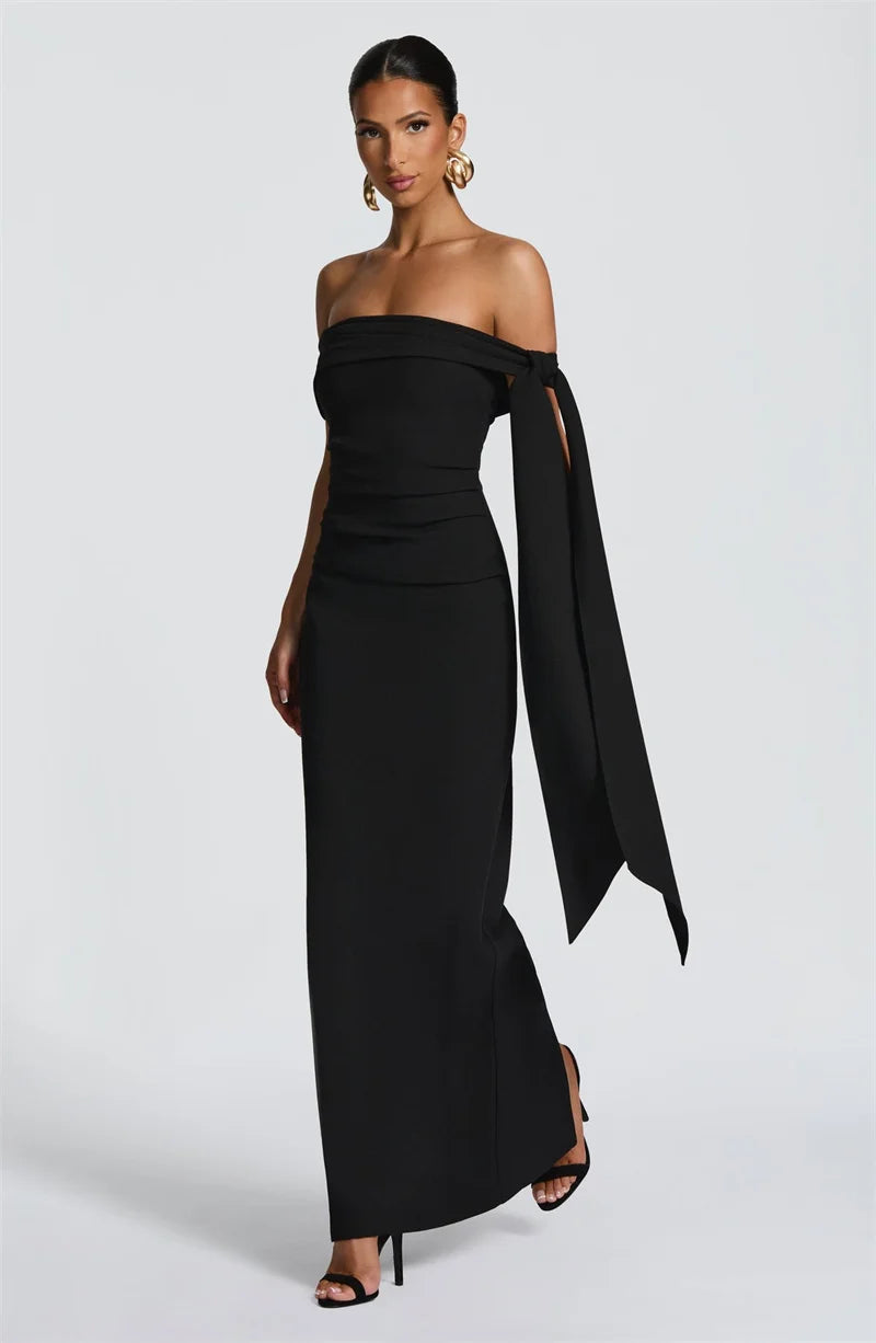 Abito Lungo da Donna – Off-Shoulder, Senza Spalline, Schiena Scoperta, Drappeggiato