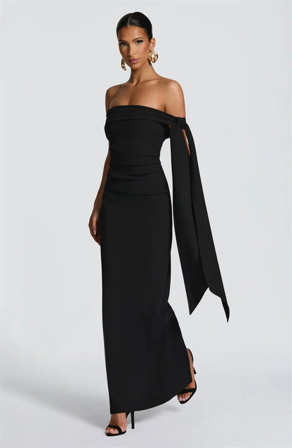 Abito Lungo da Donna – Off-Shoulder, Senza Spalline, Schiena Scoperta, Drappeggiato