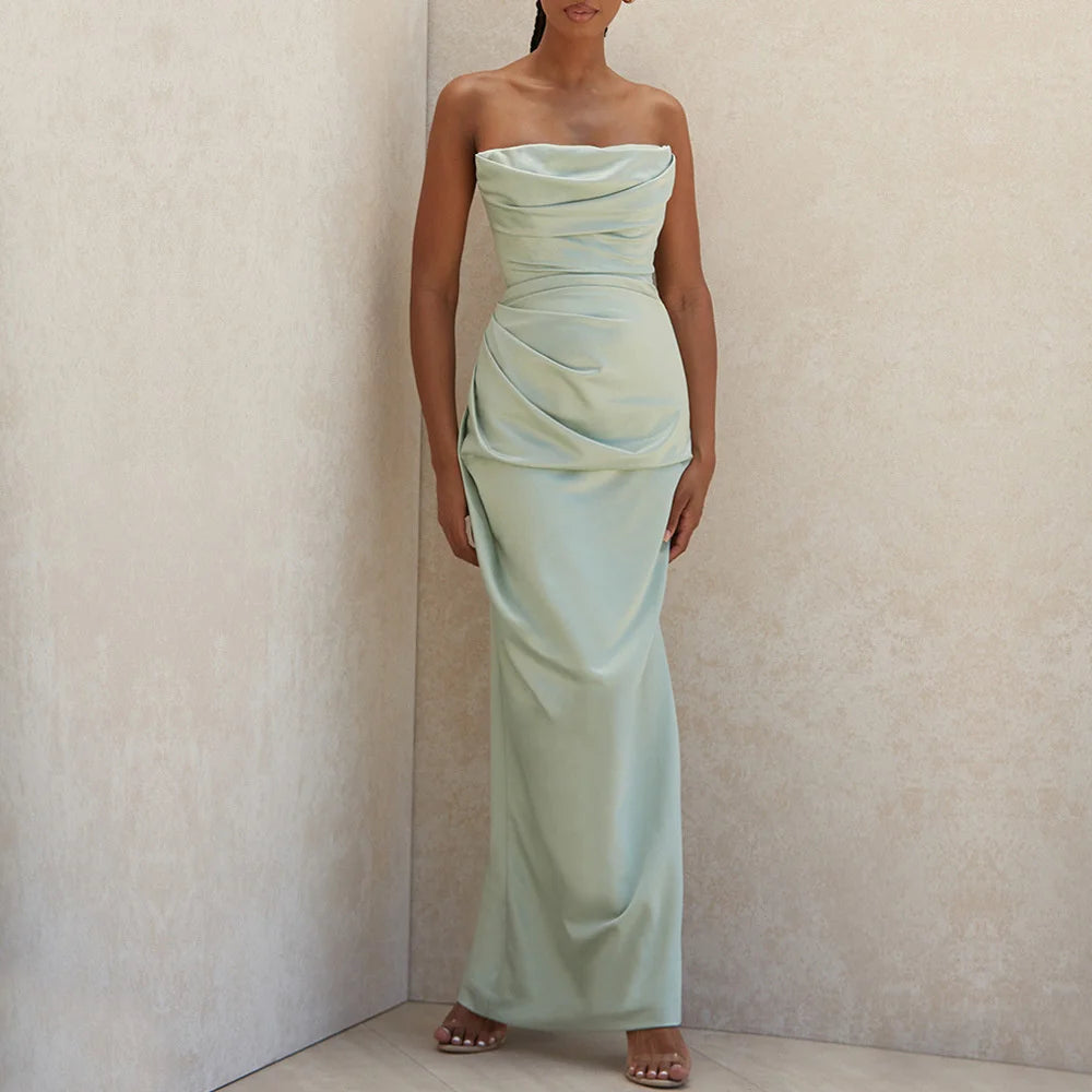 Abito Lungo in Satin Sexy da Donna – Spalle Scoperte, Senza Maniche, Schiena Scoperta
