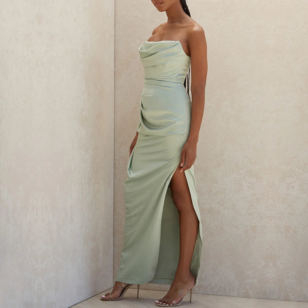 Abito Lungo in Satin Sexy da Donna – Spalle Scoperte, Senza Maniche, Schiena Scoperta