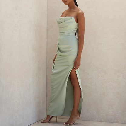 Abito Lungo in Satin Sexy da Donna – Spalle Scoperte, Senza Maniche, Schiena Scoperta
