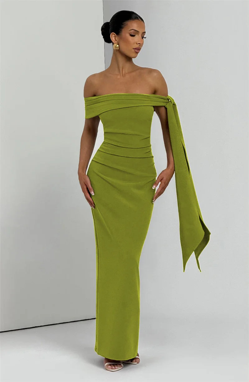 Abito Lungo da Donna – Off-Shoulder, Senza Spalline, Schiena Scoperta, Drappeggiato