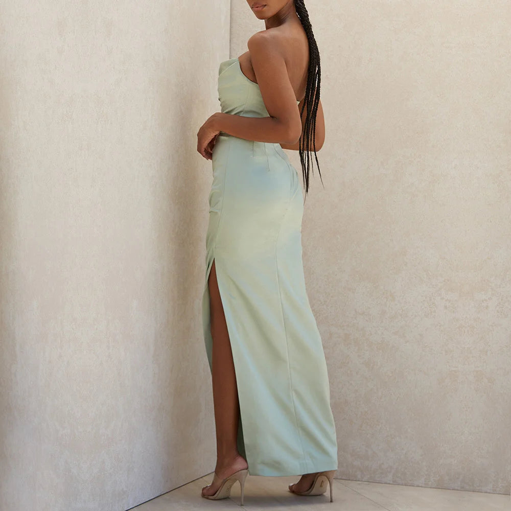 Abito Lungo in Satin Sexy da Donna – Spalle Scoperte, Senza Maniche, Schiena Scoperta