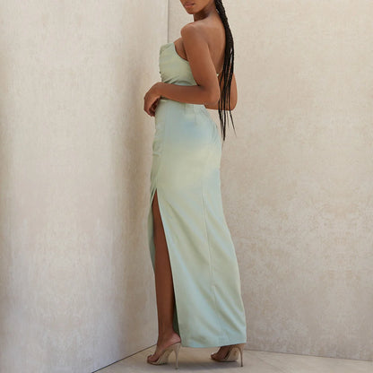 Abito Lungo in Satin Sexy da Donna – Spalle Scoperte, Senza Maniche, Schiena Scoperta