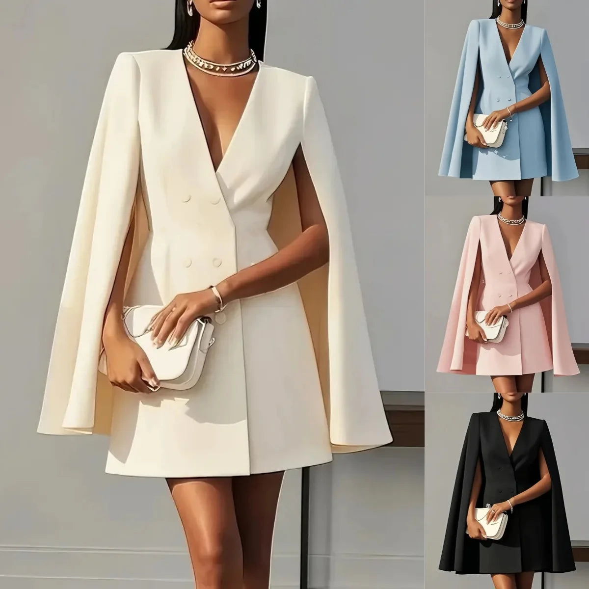 Blazer Elegante Doppiopetto con Maniche a Mantella e Scollo a V