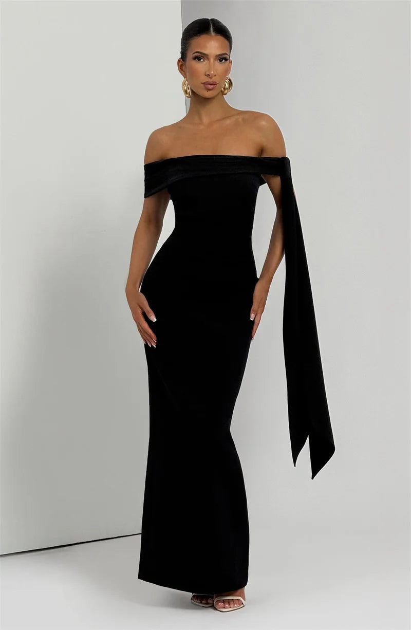 Abito Lungo da Donna – Off-Shoulder, Senza Spalline, Schiena Scoperta, Drappeggiato