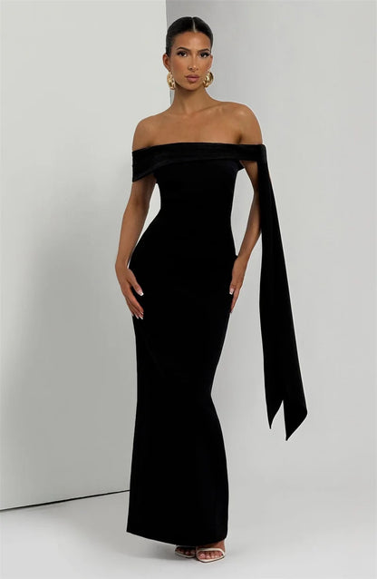 Abito Lungo da Donna – Off-Shoulder, Senza Spalline, Schiena Scoperta, Drappeggiato