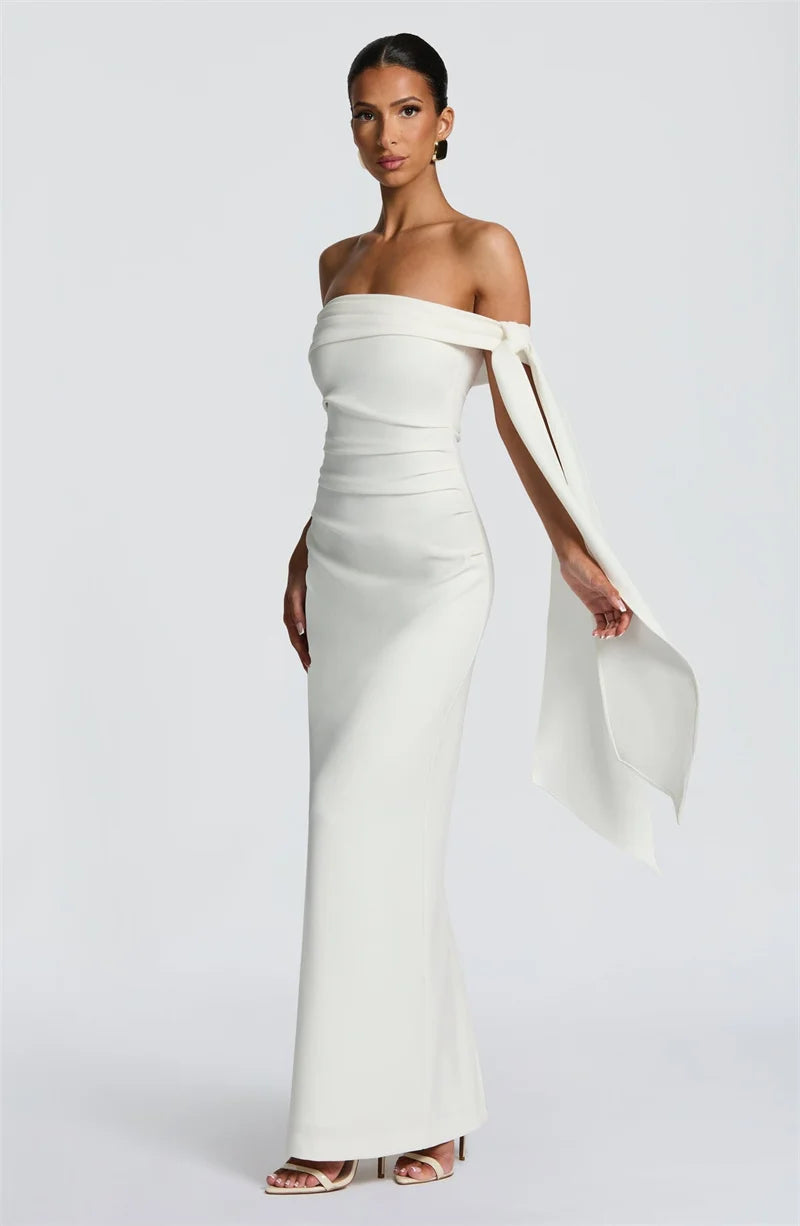 Abito Lungo da Donna – Off-Shoulder, Senza Spalline, Schiena Scoperta, Drappeggiato