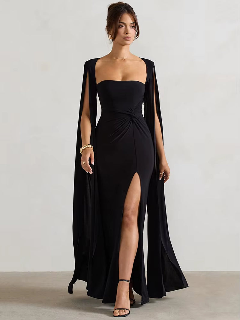 Abito Elegante da Sera con Spacco e Maniche a Mantella