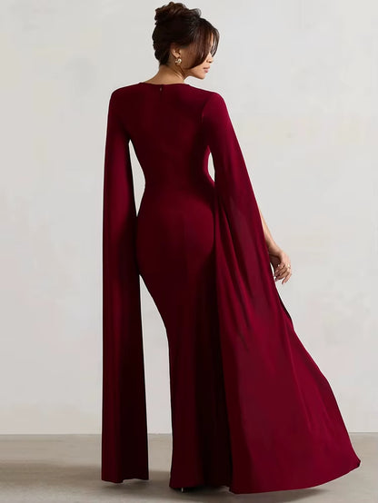Abito Elegante da Sera con Spacco e Maniche a Mantella