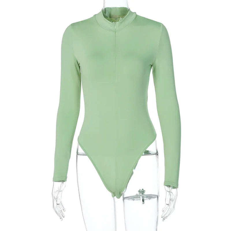 Women'S Sexy Bodysuit Long Sleeve Top 2021 Winter Warm Bodies for Women O-Neck Zip up Skinny Bodysuits Black Gray White Green