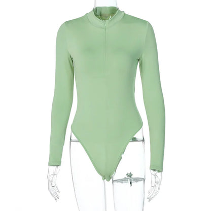 Women'S Sexy Bodysuit Long Sleeve Top 2021 Winter Warm Bodies for Women O-Neck Zip up Skinny Bodysuits Black Gray White Green