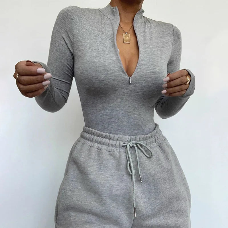 Women'S Sexy Bodysuit Long Sleeve Top 2021 Winter Warm Bodies for Women O-Neck Zip up Skinny Bodysuits Black Gray White Green