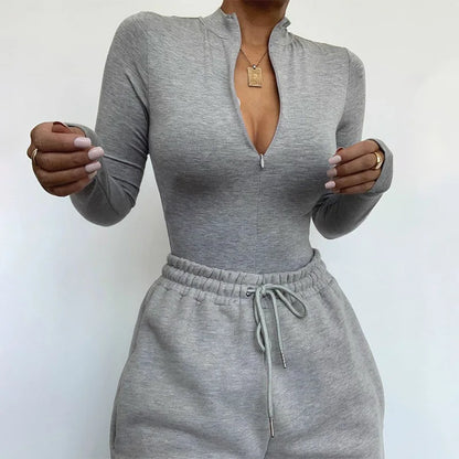 Women'S Sexy Bodysuit Long Sleeve Top 2021 Winter Warm Bodies for Women O-Neck Zip up Skinny Bodysuits Black Gray White Green
