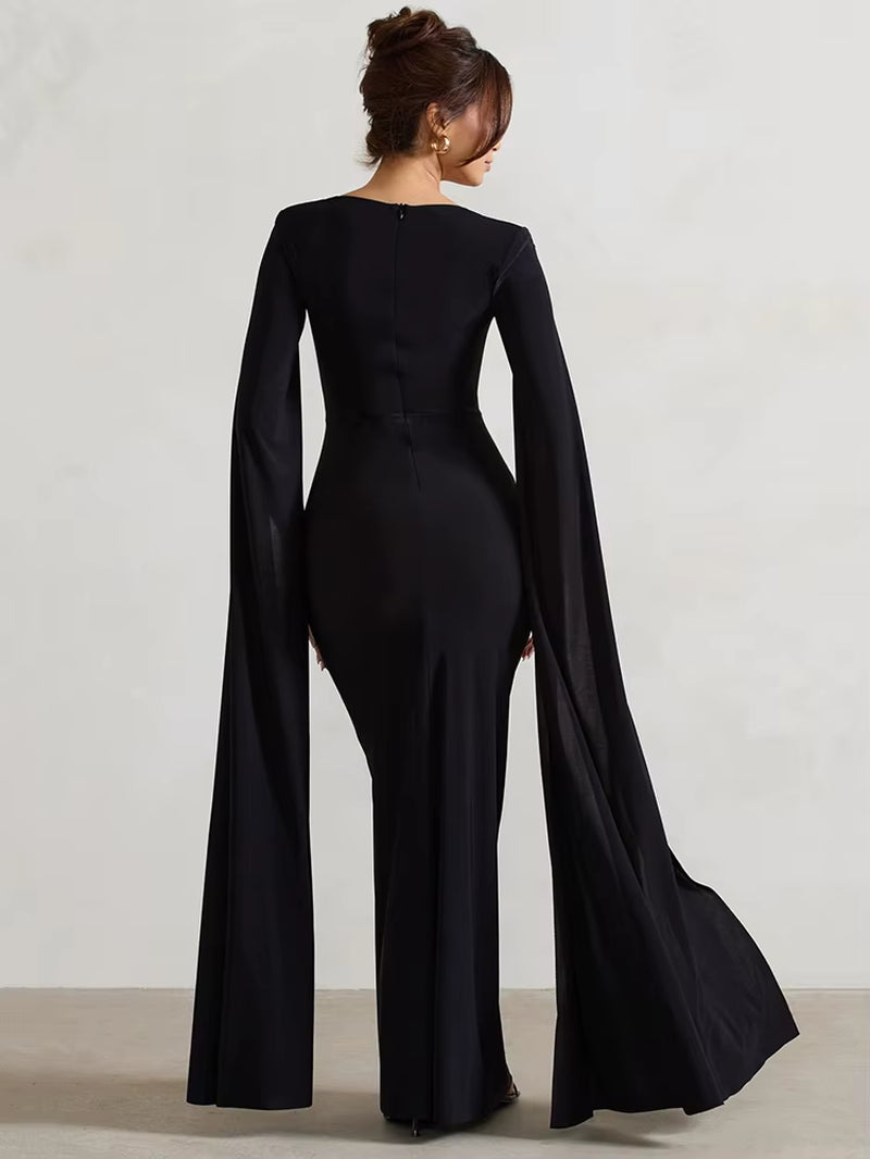 Abito Elegante da Sera con Spacco e Maniche a Mantella