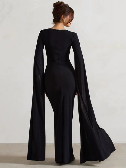 Abito Elegante da Sera con Spacco e Maniche a Mantella
