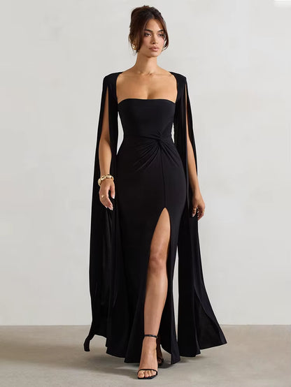 Abito Elegante da Sera con Spacco e Maniche a Mantella