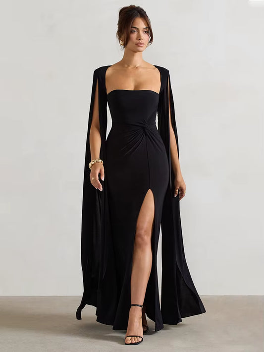 Abito Elegante da Sera con Spacco e Maniche a Mantella