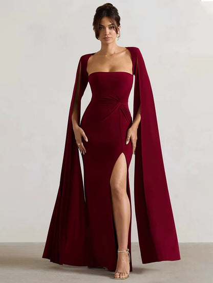 Abito Elegante da Sera con Spacco e Maniche a Mantella