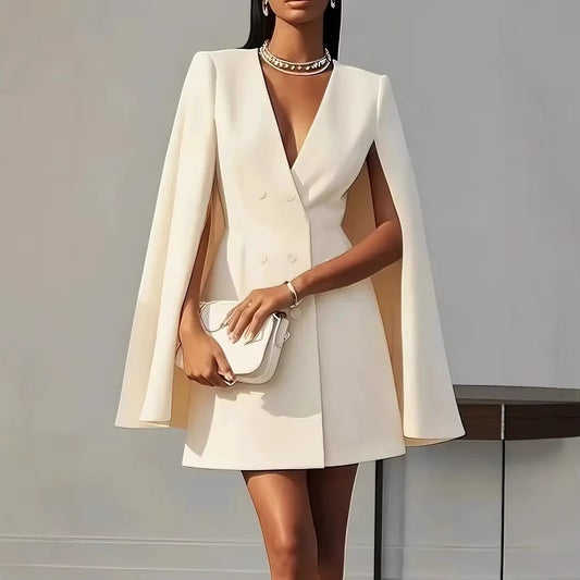 Blazer Elegante Doppiopetto con Maniche a Mantella e Scollo a V